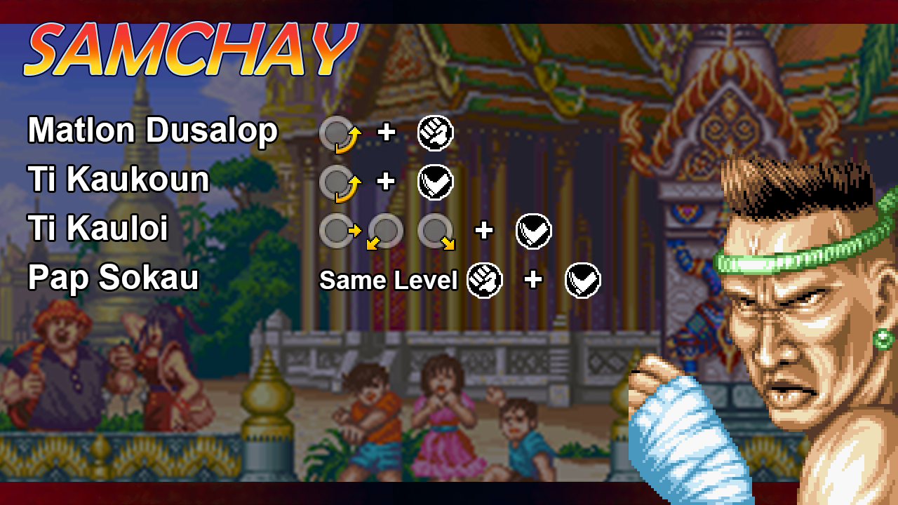 Samchay Tomyamgun card showing his special move inputs.
